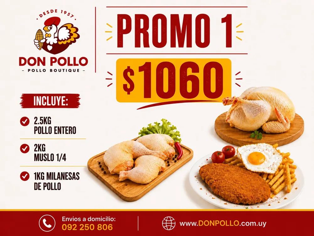 Promo 1: 2,5 kg pollo entero, 2 kg muslo 1/4 y 1 kg milanesas de pollo por $1060
